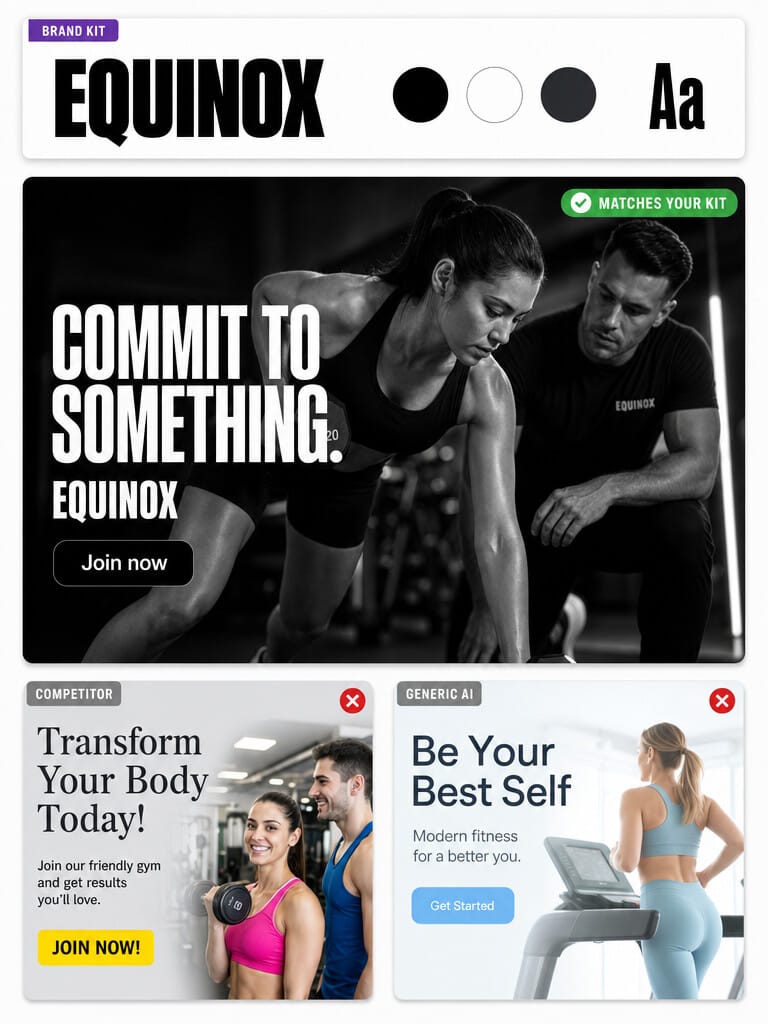 A real Equinox ad on brand, beside dull generic competitor ads