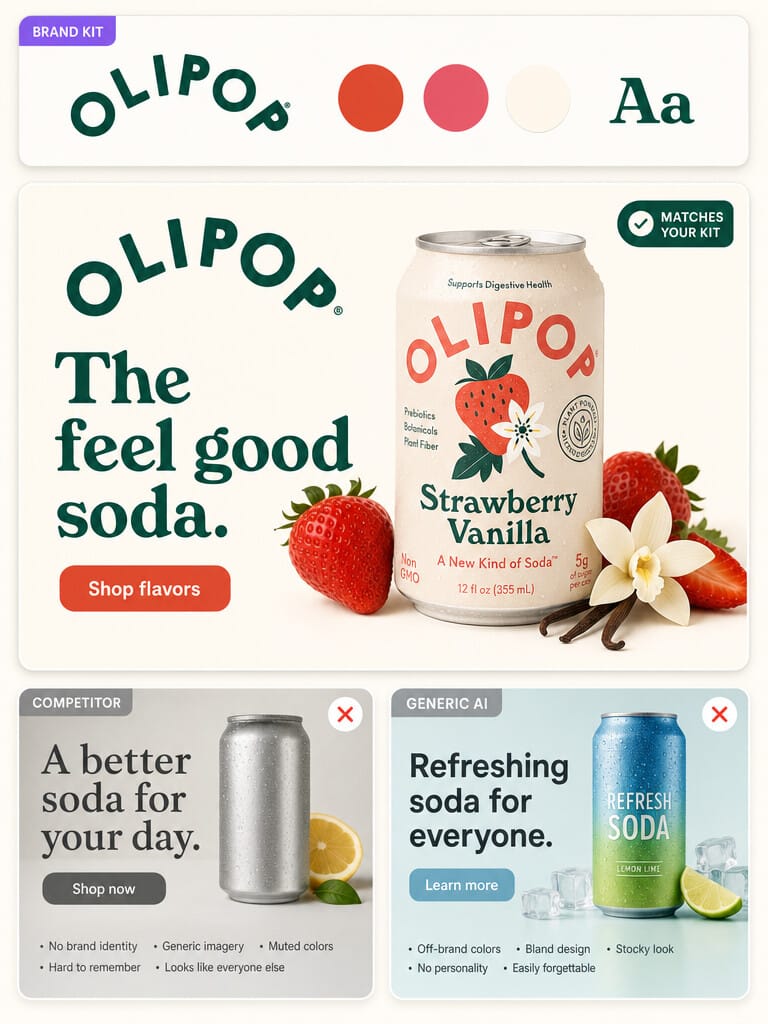 A real OLIPOP ad on brand, beside dull generic competitor ads