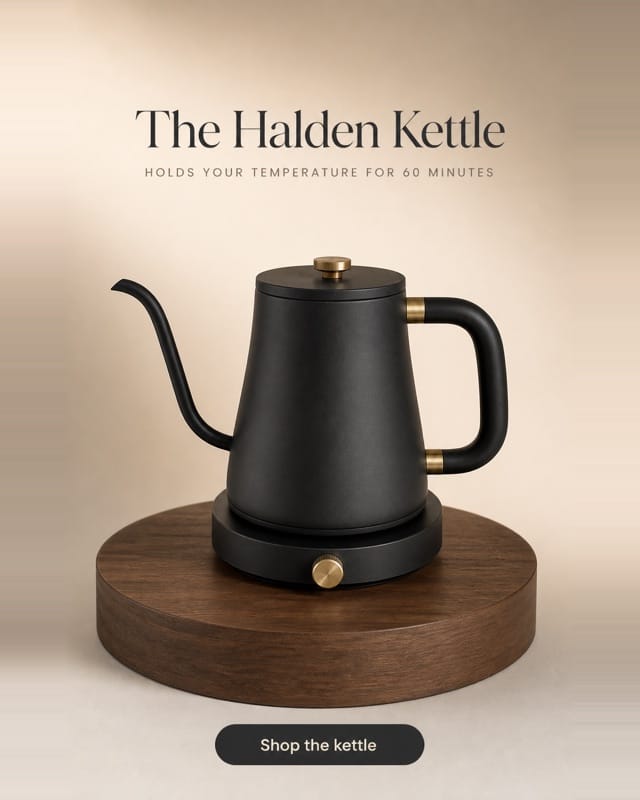 Finished kettle advertisement with a headline, a subhead and a call to action button