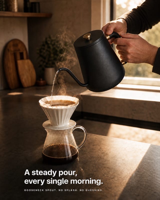 Hands pouring from the kettle over a pour-over dripper in sunrise kitchen light