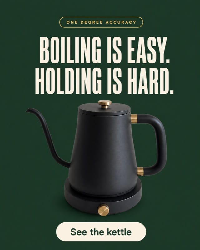 Kettle on a flat forest green background with the headline Boiling is easy, holding is hard