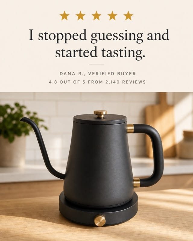 Five star customer review panel above a photo of the kettle on a sunlit oak counter