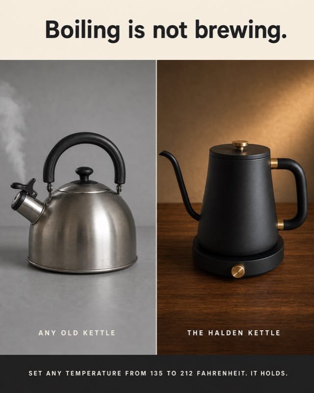 Split comparison of a plain stovetop kettle beside the Halden kettle