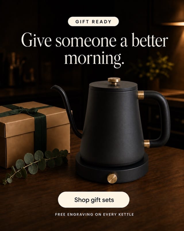 Kettle beside a wrapped gift box in warm evening light with a shop gift sets button