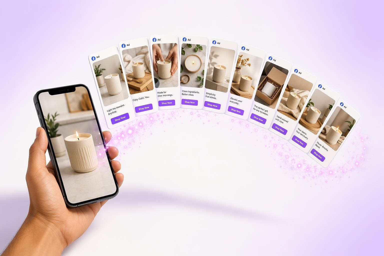 A single product photo on a smartphone, fanning out into ten generated Meta ad variants
