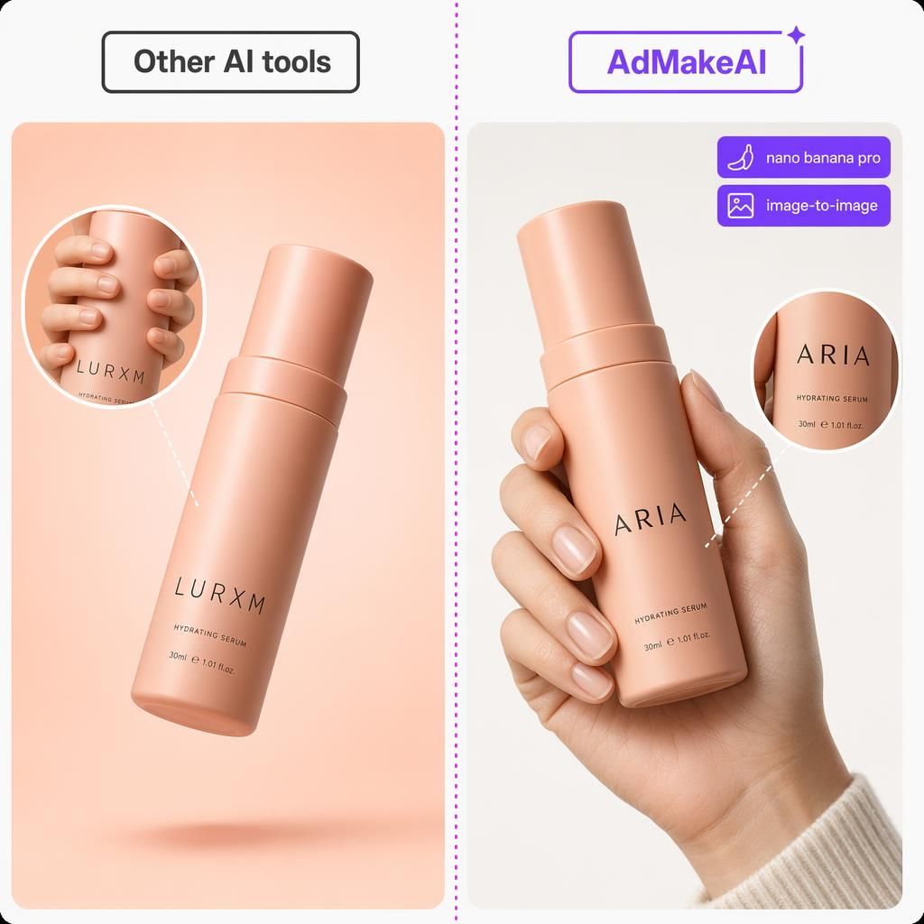 Side-by-side comparison: a generic AI ad with garbled label and a six-finger hand, next to an AdMakeAI render with crisp text and a real hand