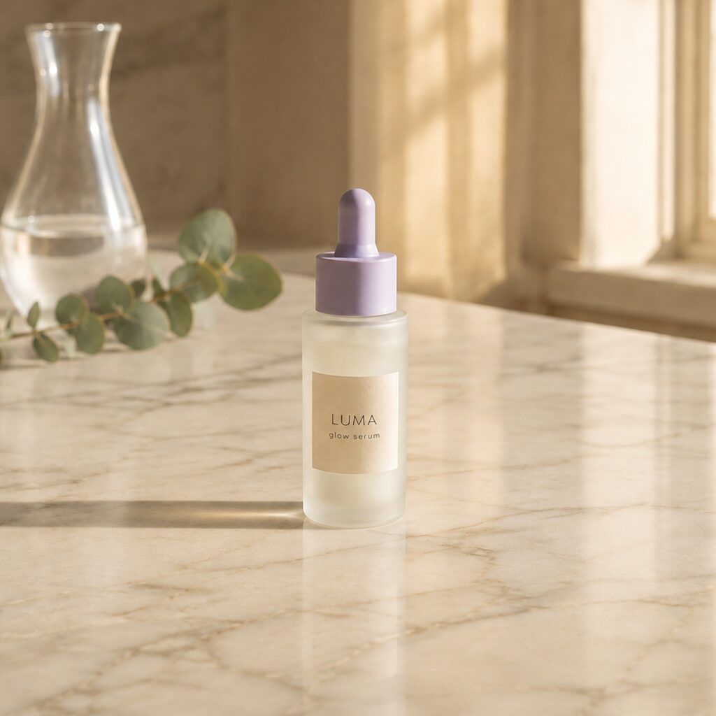 The same serum bottle on a marble kitchen counter in warm evening light