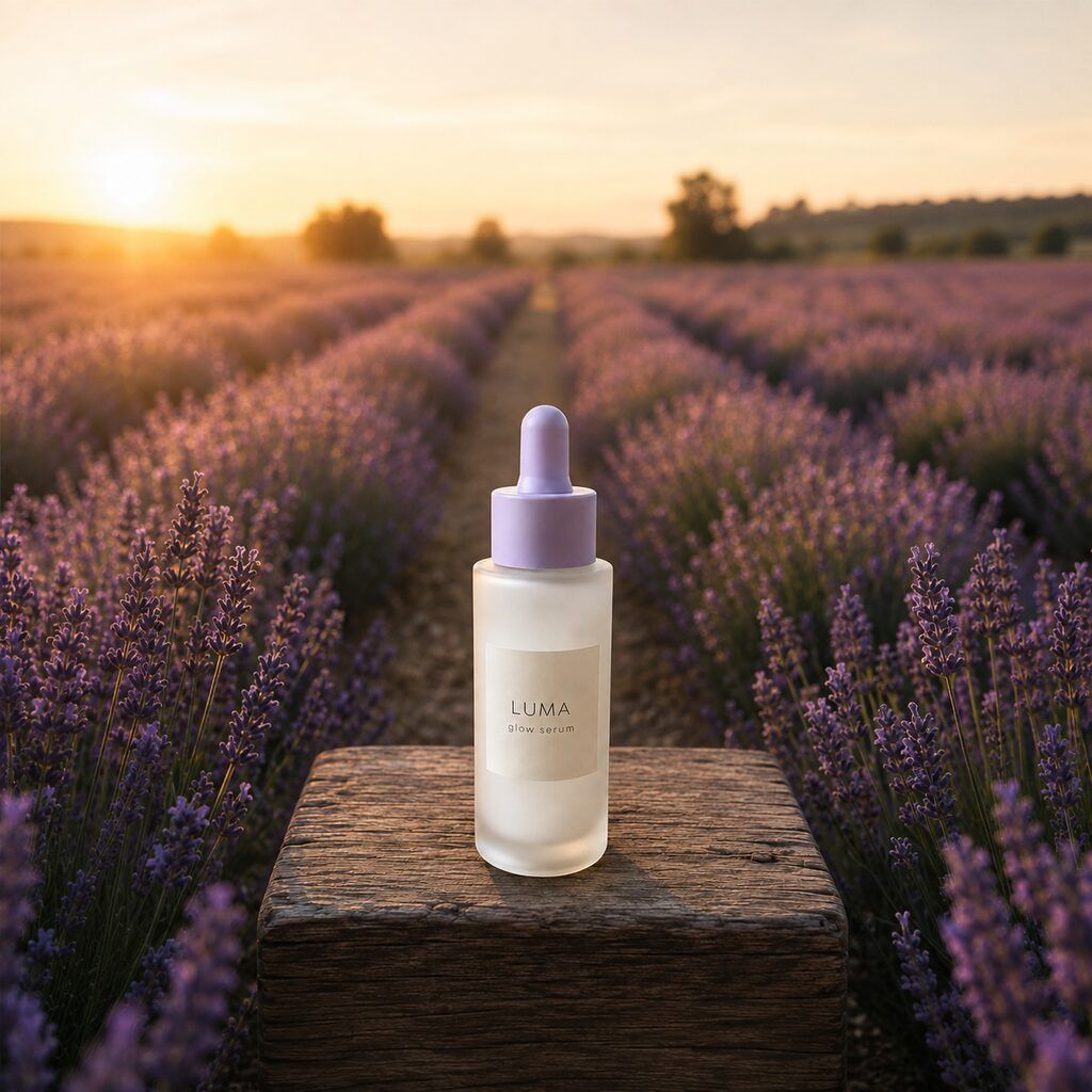 The same serum bottle in a lavender field at golden hour