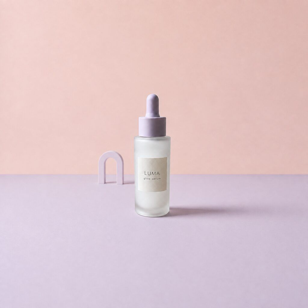 The same serum bottle on a minimal pastel set with a soft shadow