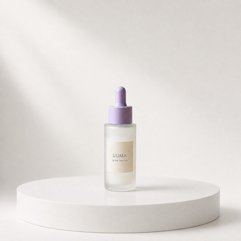 The same serum bottle on a white studio podium
